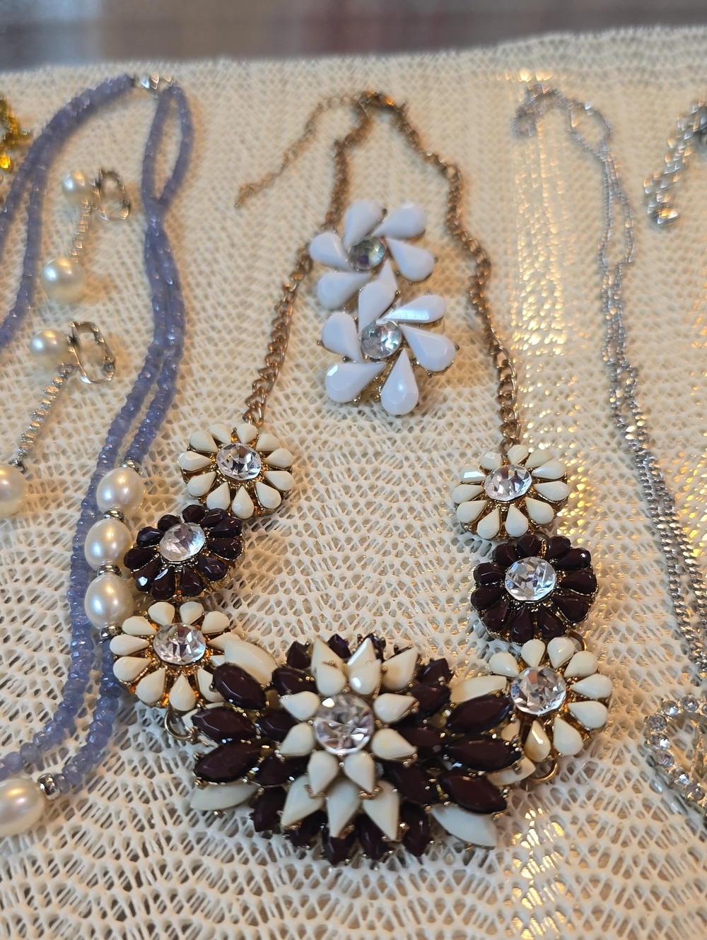 Floral Statement Necklace in Cream and Dark Brown - Women Jewelry